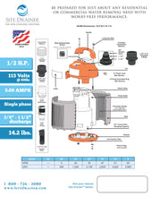 Load image into Gallery viewer, Schematic for Site Drainer SD 300 1/2Hp Non clogging Electric submersible dewatering pump and trash pump with Integrated Internal Vertical Automatic On Off Float